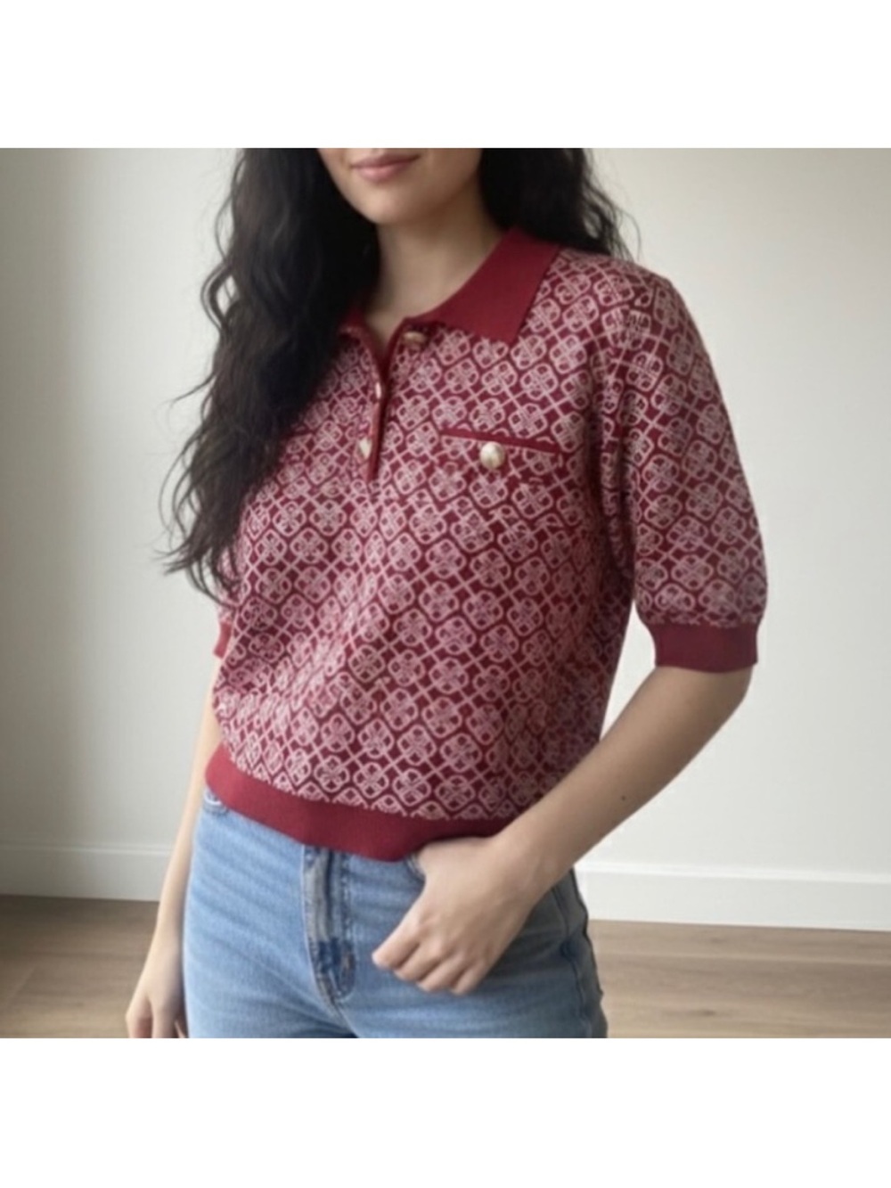 Simons Key Print Knit Collar Sweater Shortsleeve Blouse Size Large Red